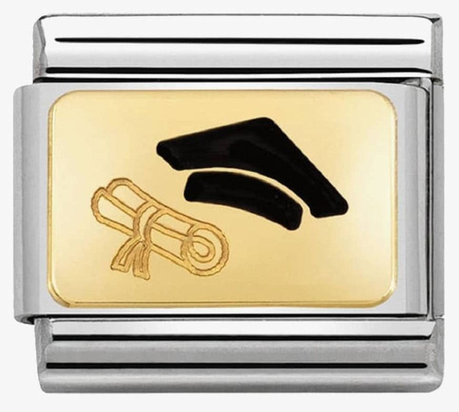 Charms Nomination Composable 03028427 z motywem dyplomu i czapki absolwenta. Zdobiony 18K złotem..jpg